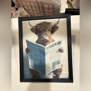 Framed 8x10” Highland Cow Reading Newspaper Wall Art